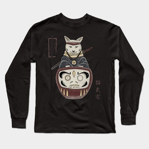 Traditional Japanese Tattoo Cat On Daruma Long Sleeve T-Shirt by GeekMachine